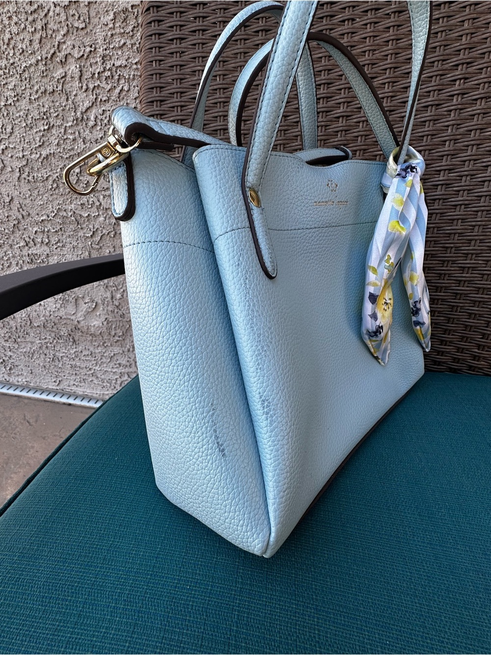 Nanette Lepore Light Blue Pebbled Leather Satchel with Floral Scarf 12X9” Pretty - Picture 10 of 16